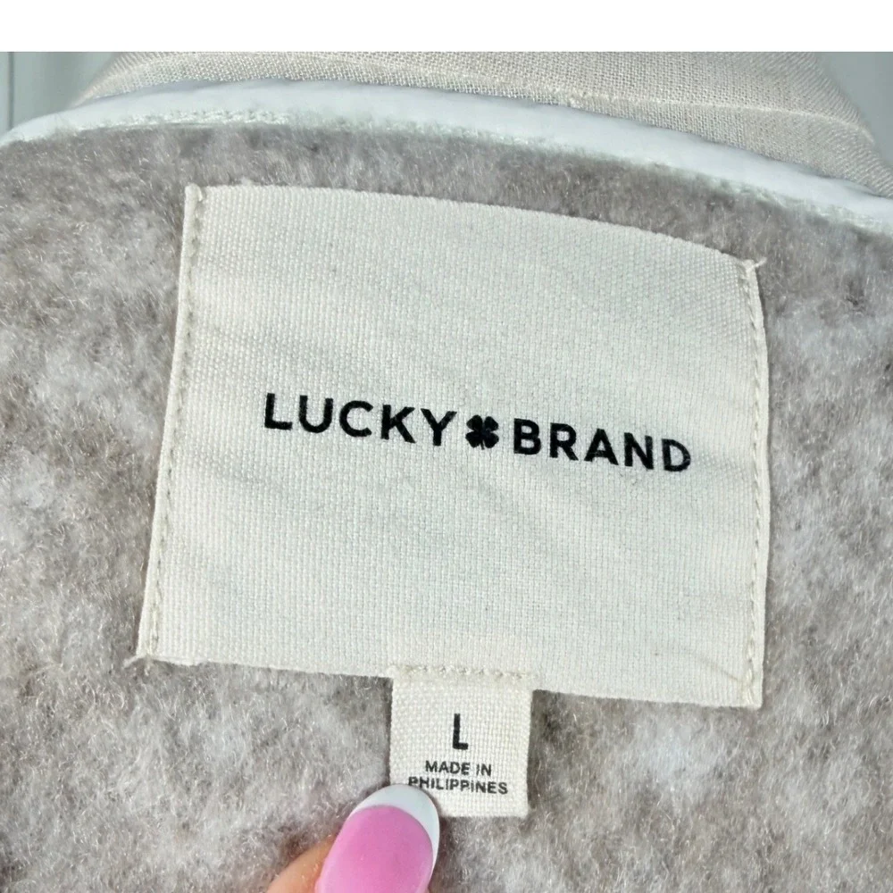 Lucky Brand Faux Shearling Jacket Neutral Multi Taupe Quilted Trim Button L